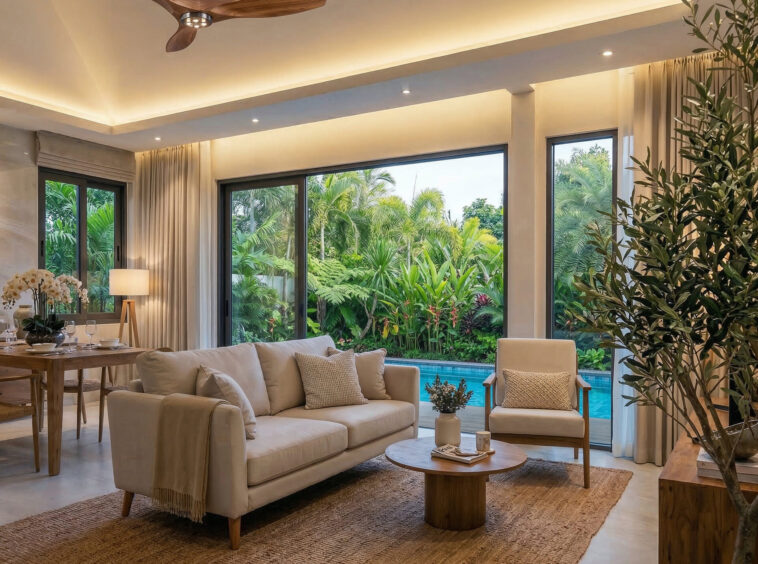 Open-plan living room with a beige sofa, wooden coffee tables, and large windows looking out to a lush garden with warm ambient lighting.