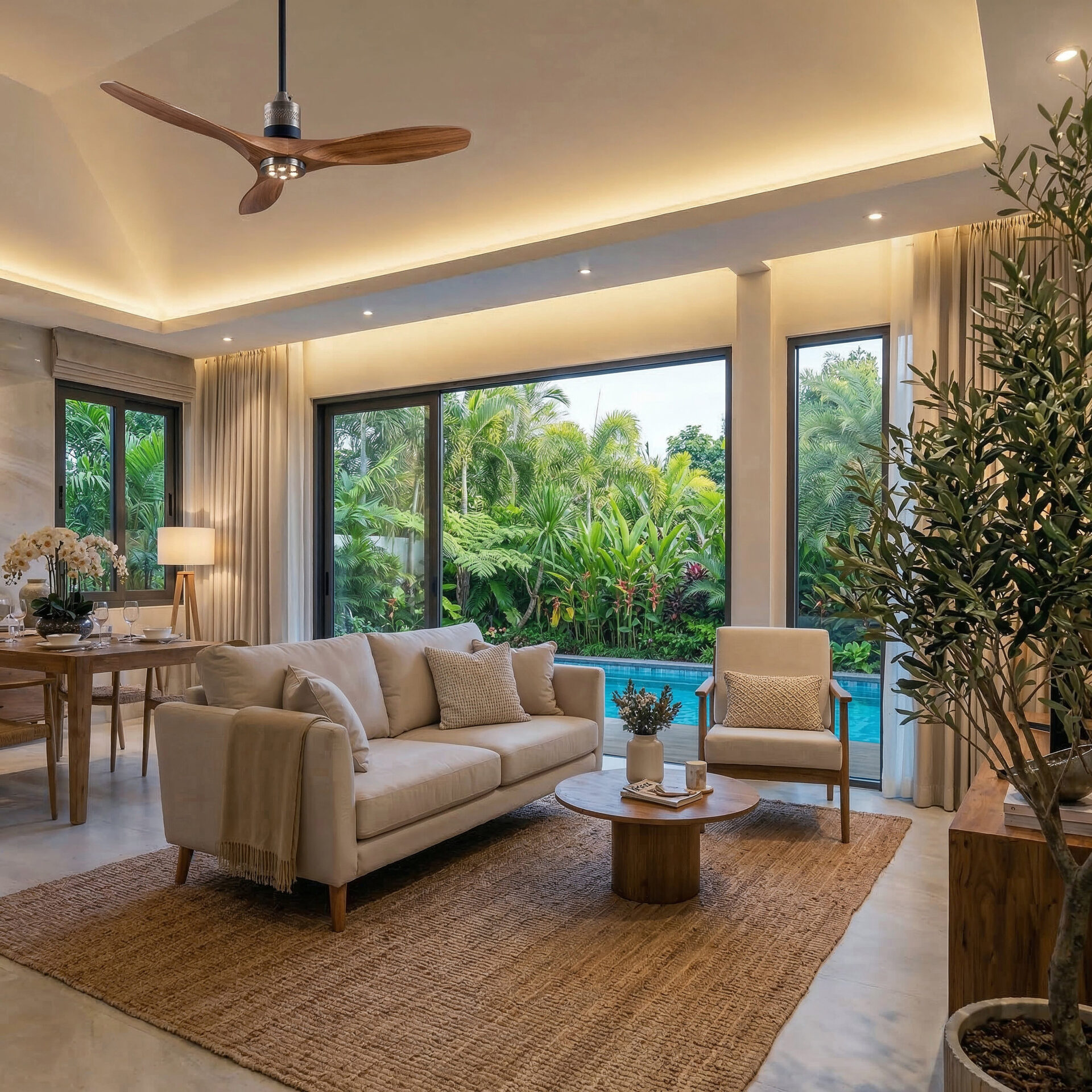 Open-plan living room with a beige sofa, wooden coffee tables, and large windows looking out to a lush garden with warm ambient lighting.