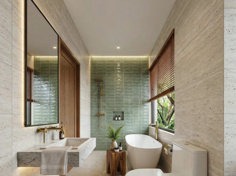 Modern bathroom with beige stone walls, a freestanding white tub, and a double marble sink with brass fixtures.