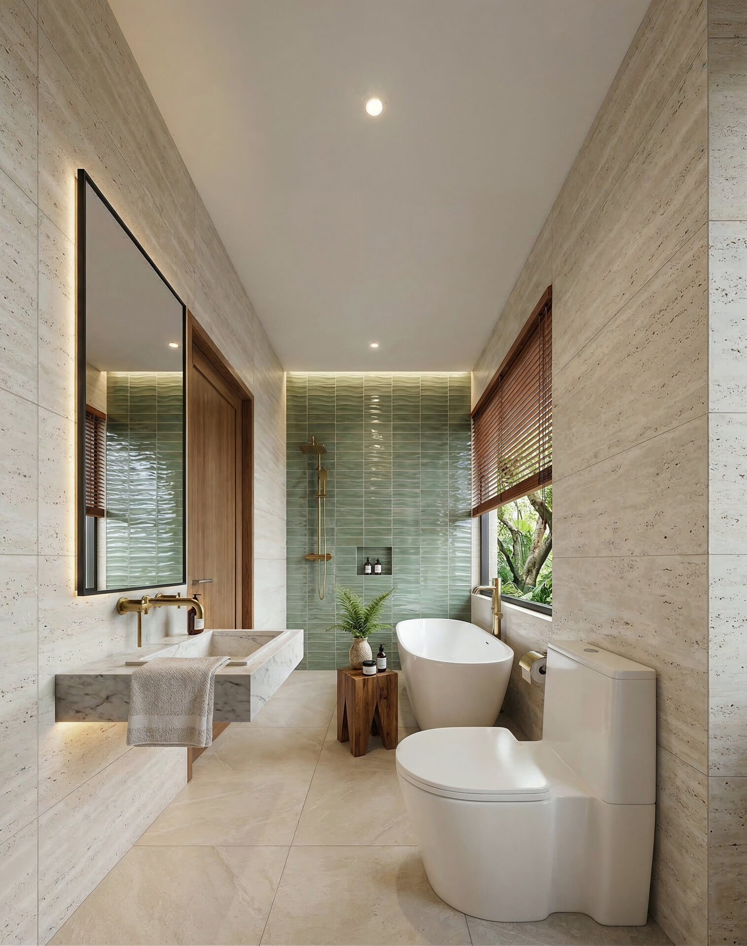 Modern bathroom with beige stone walls, a freestanding white tub, and a double marble sink with brass fixtures.