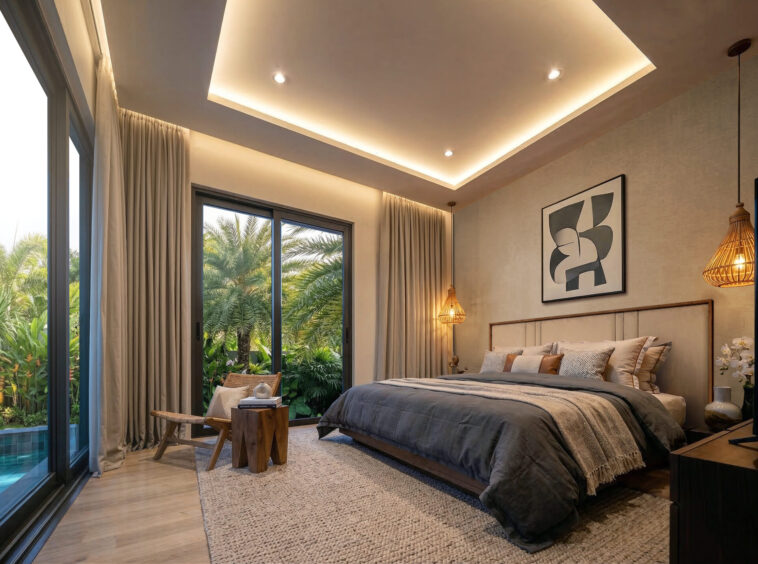 Bedroom with a king bed, beige bedding, warm recessed ceiling lights, and large glass doors opening to a tropical garden.
