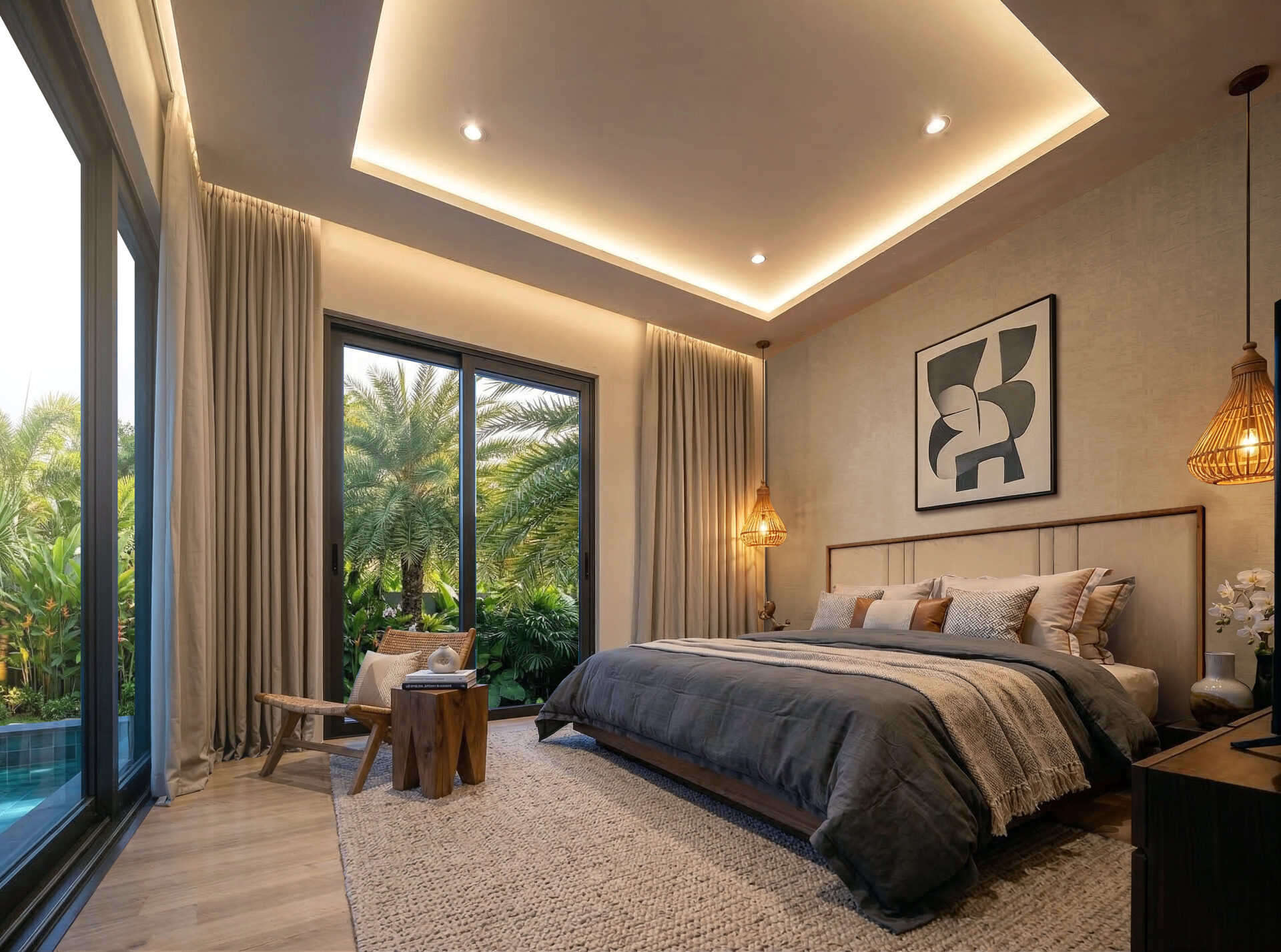 Bedroom with a king bed, beige bedding, warm recessed ceiling lights, and large glass doors opening to a tropical garden.