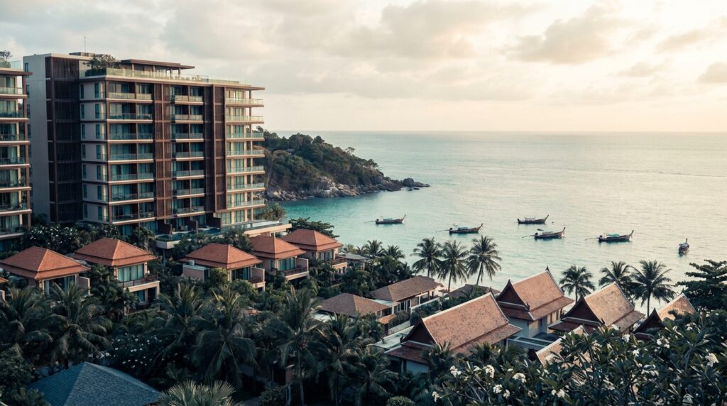 Coastal resort with a tall modern building and thatched-roof bungalows beside palm trees overlooking a calm turquoise sea. Boats anchor near the shore at sunset.