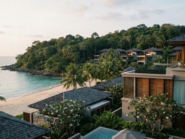Luxury beachfront resort with palm trees, turquoise water, and white-sand beach.