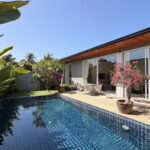 Poolside view of a rectangular blue-tiled pool beside a modern glass-walled house, with potted pink bougainvillea and patio furniture.