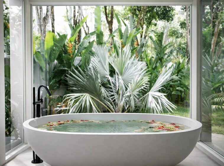 White oval freestanding bathtub filled with water and flower petals in a bright glass-walled bathroom overlooking lush tropical plants outside.