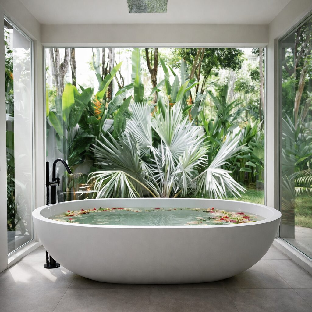 White oval freestanding bathtub filled with water and flower petals in a bright glass-walled bathroom overlooking lush tropical plants outside.