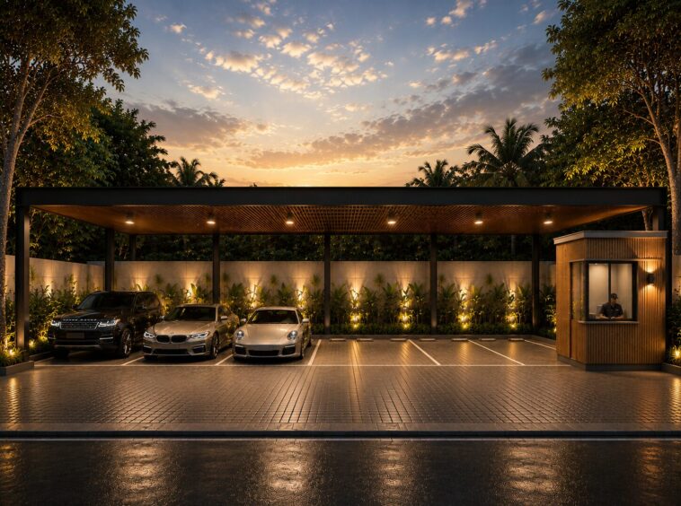 Covered parking area at dusk with three luxury cars parked under a wooden-roof canopy and a small guard booth on the right, tropical plants in the background.