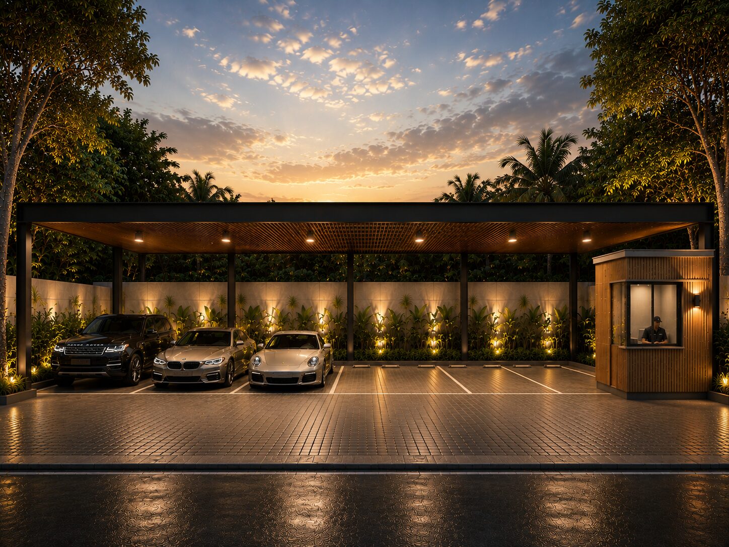 Covered parking area at dusk with three luxury cars parked under a wooden-roof canopy and a small guard booth on the right, tropical plants in the background.