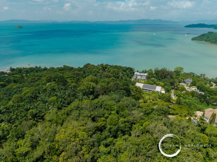 Aerial view of a tropical coastline with dense green jungle, turquoise water, and scattered buildings near the shore; Ocean Worldwide Realty logo in corner.