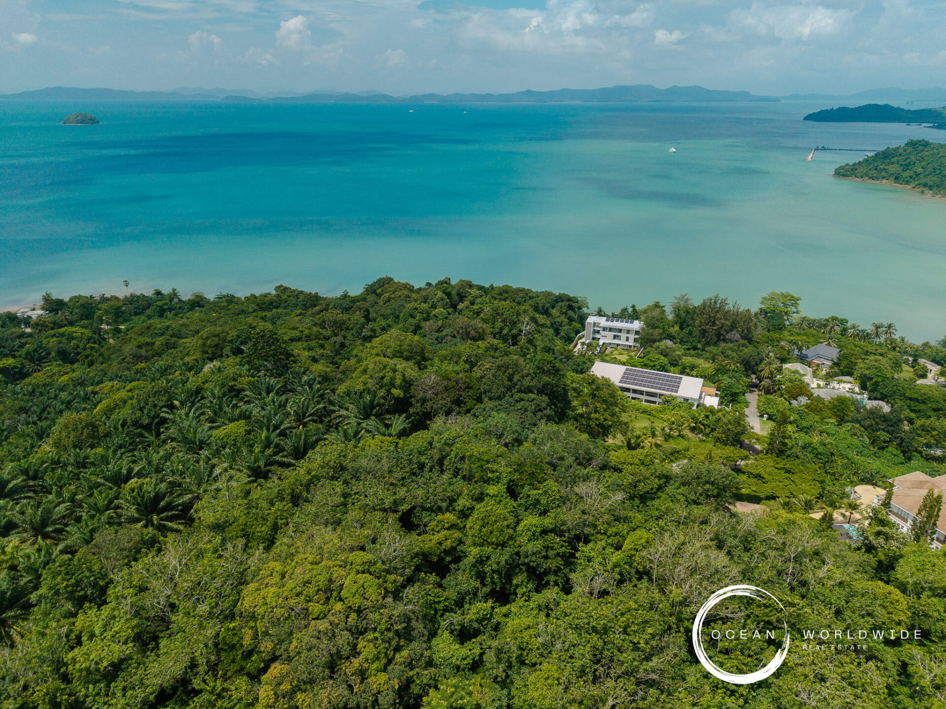 Aerial view of a tropical coastline with dense green jungle, turquoise water, and scattered buildings near the shore; Ocean Worldwide Realty logo in corner.