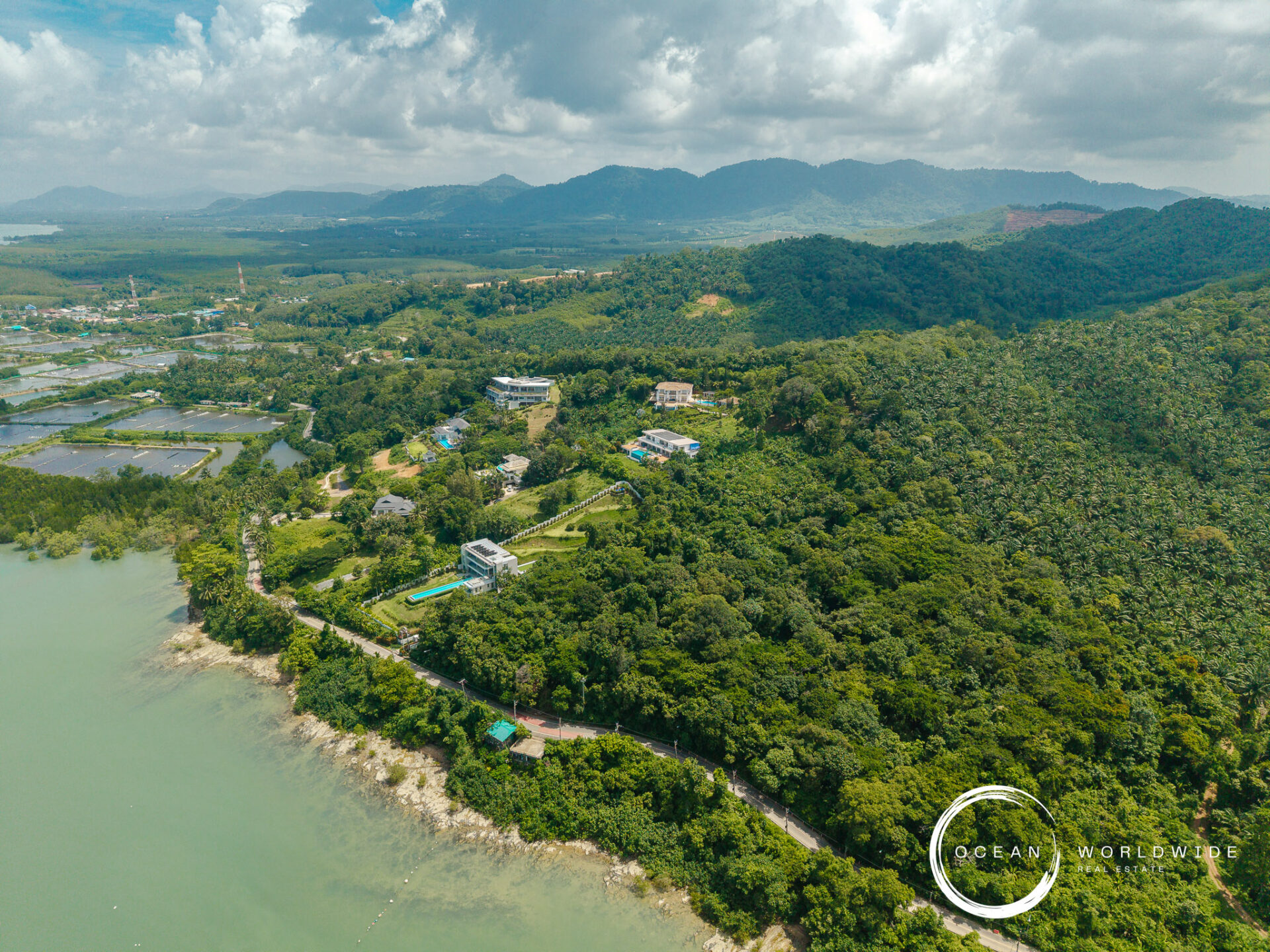 Aerial view of a tropical coastline with palm forests, a road along the shore, and distant hills; Ocean Worldwide logo watermark.