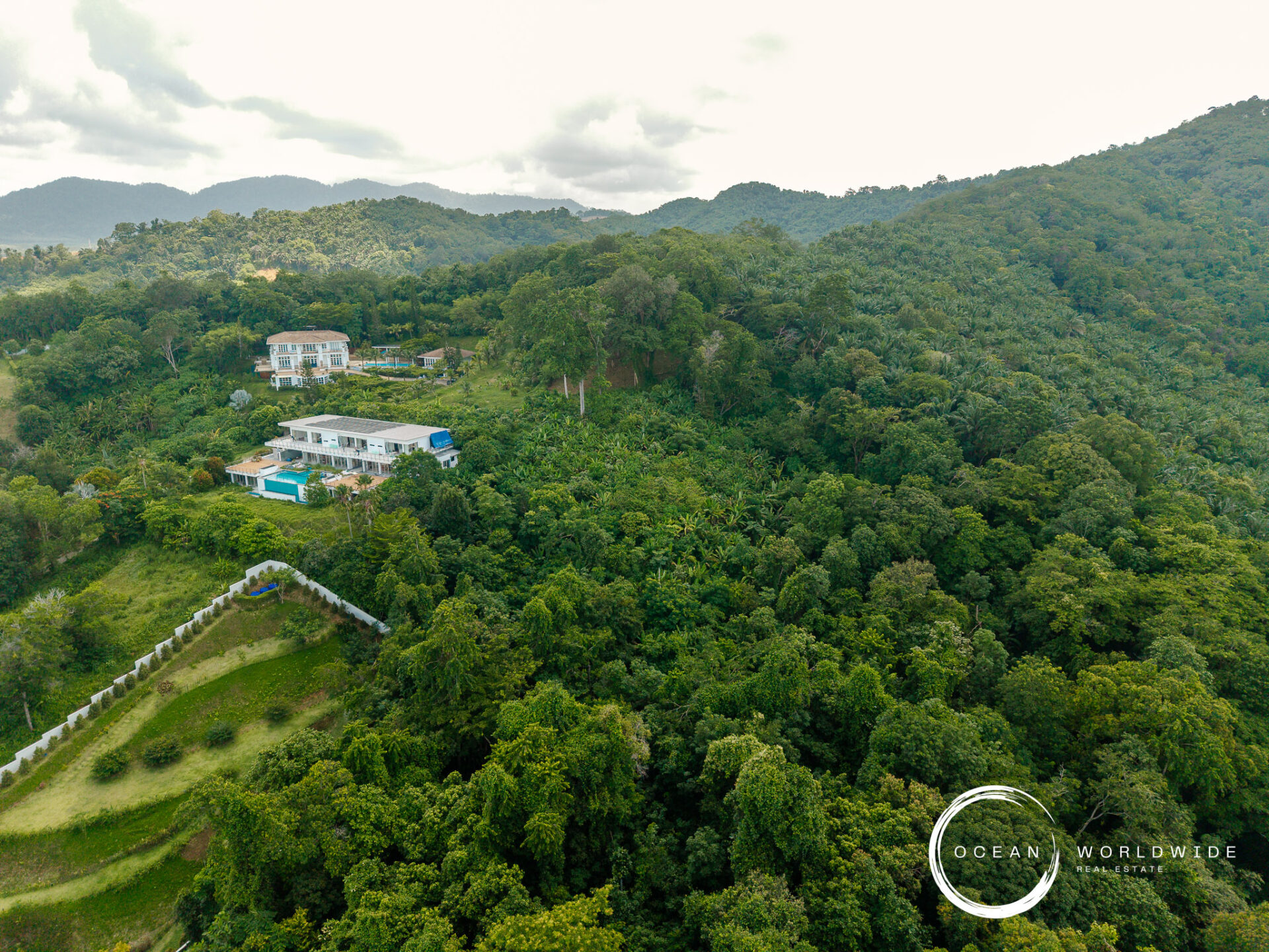 Aerial view of a dense tropical hillside with a few modern houses nestled among trees; Ocean Worldwide Real Estate logo bottom-right.