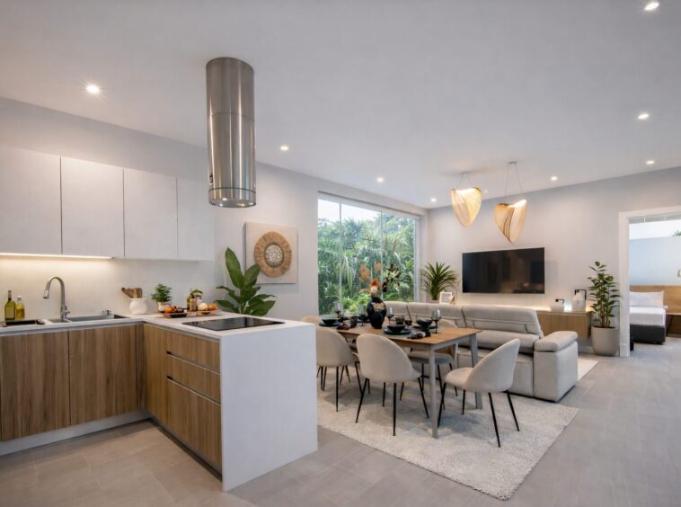 Open-plan kitchen, dining, and living space with a wood-toned island, white cabinets, and a grey sectional facing a wall-mounted TV.