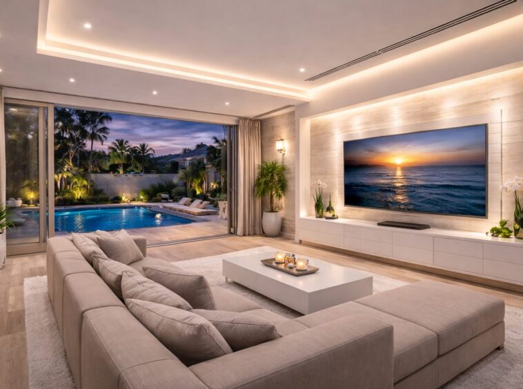 Modern living room with large glass doors opening to a backyard pool and lounge area at dusk; neutral sofa, white coffee table, and wall-mounted TV.