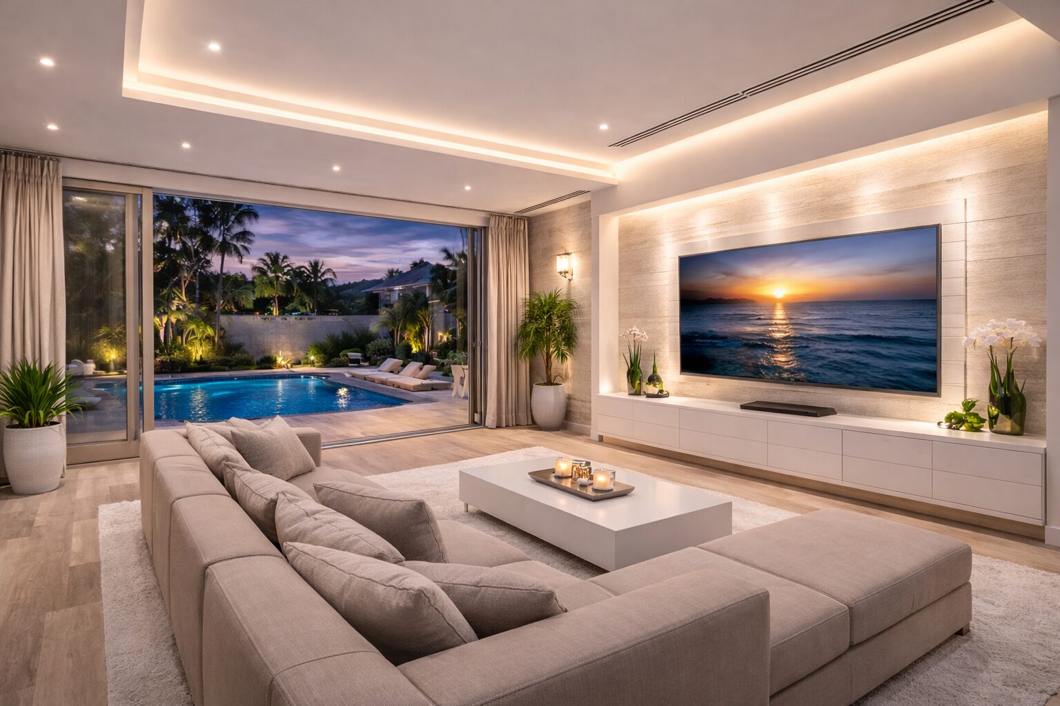 Modern living room with large glass doors opening to a backyard pool and lounge area at dusk; neutral sofa, white coffee table, and wall-mounted TV.