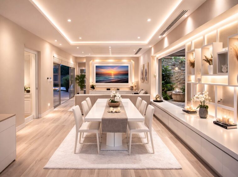 Open-concept dining and living room with a long white dining table, eight cream chairs, and warm built-in lighting.