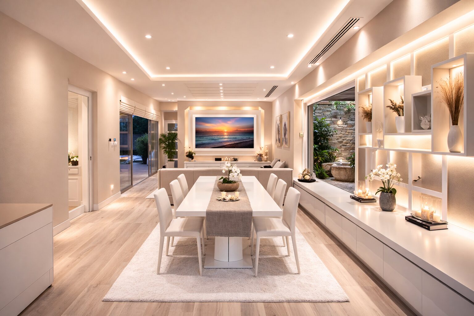 Open-concept dining and living room with a long white dining table, eight cream chairs, and warm built-in lighting.