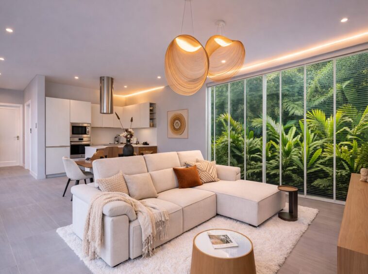 Open-plan living area with a cream sectional sofa, throw blankets, and a large glass wall showing dense tropical plants outside