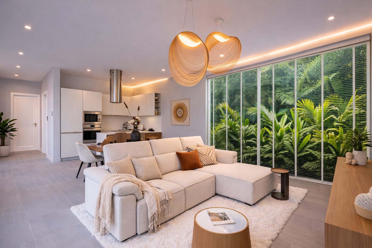 Open-plan living area with a cream sectional sofa, throw blankets, and a large glass wall showing dense tropical plants outside