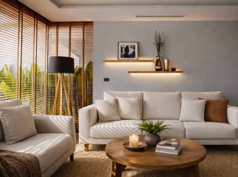 Sunlit living room with a beige sofa and armchair, wooden blinds, and a round coffee table with a candle, plant, and magazines.