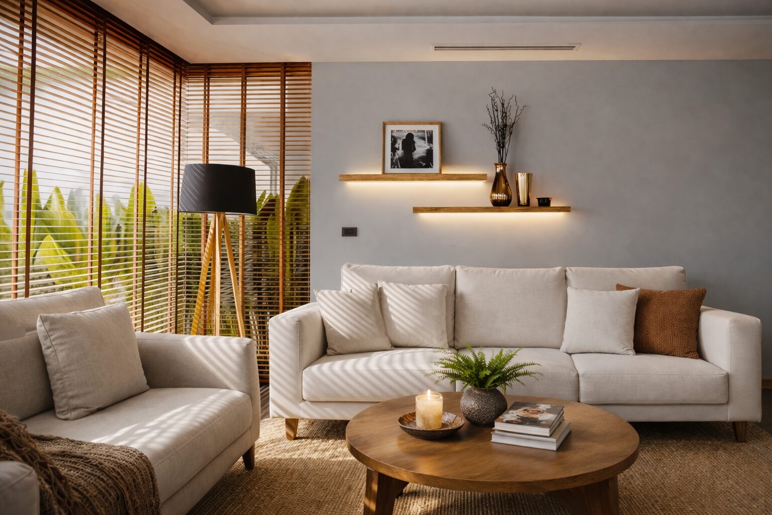 Sunlit living room with a beige sofa and armchair, wooden blinds, and a round coffee table with a candle, plant, and magazines.