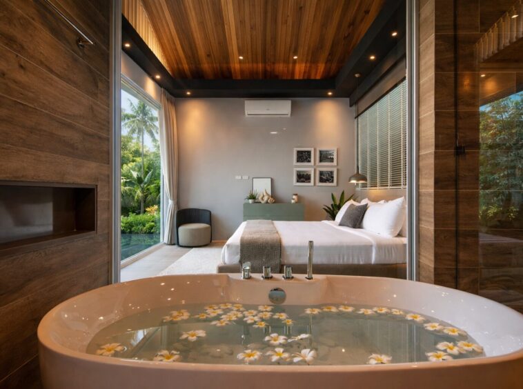 Luxurious hotel suite with a freestanding bathtub in the foreground and a bedroom with a king bed beyond.