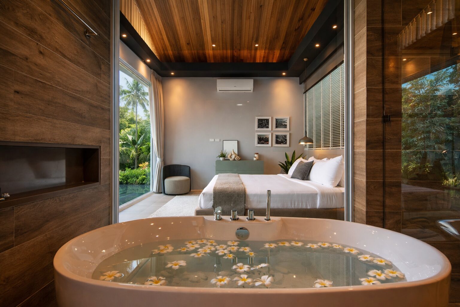 Luxurious hotel suite with a freestanding bathtub in the foreground and a bedroom with a king bed beyond.