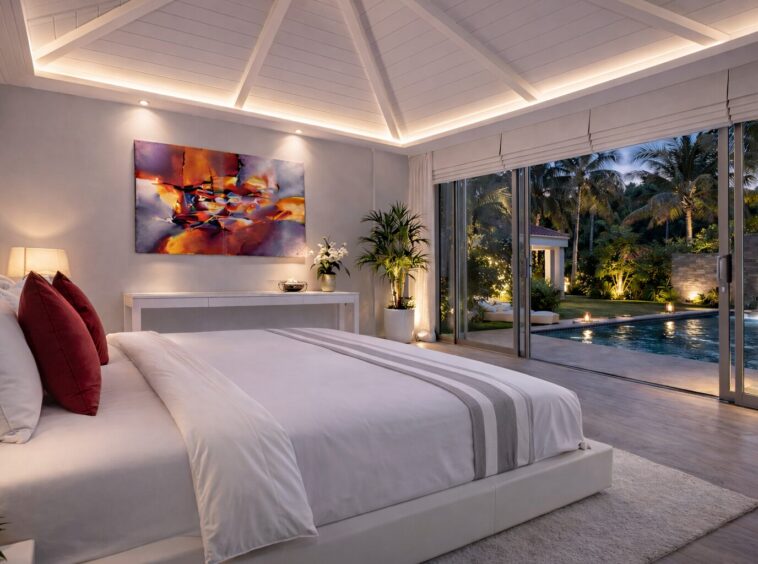 Luxurious white bedroom with a large bed, red throw pillows, abstract wall art, and a console table, opening to a private pool and tropical garden at dusk through glass sliding doors.