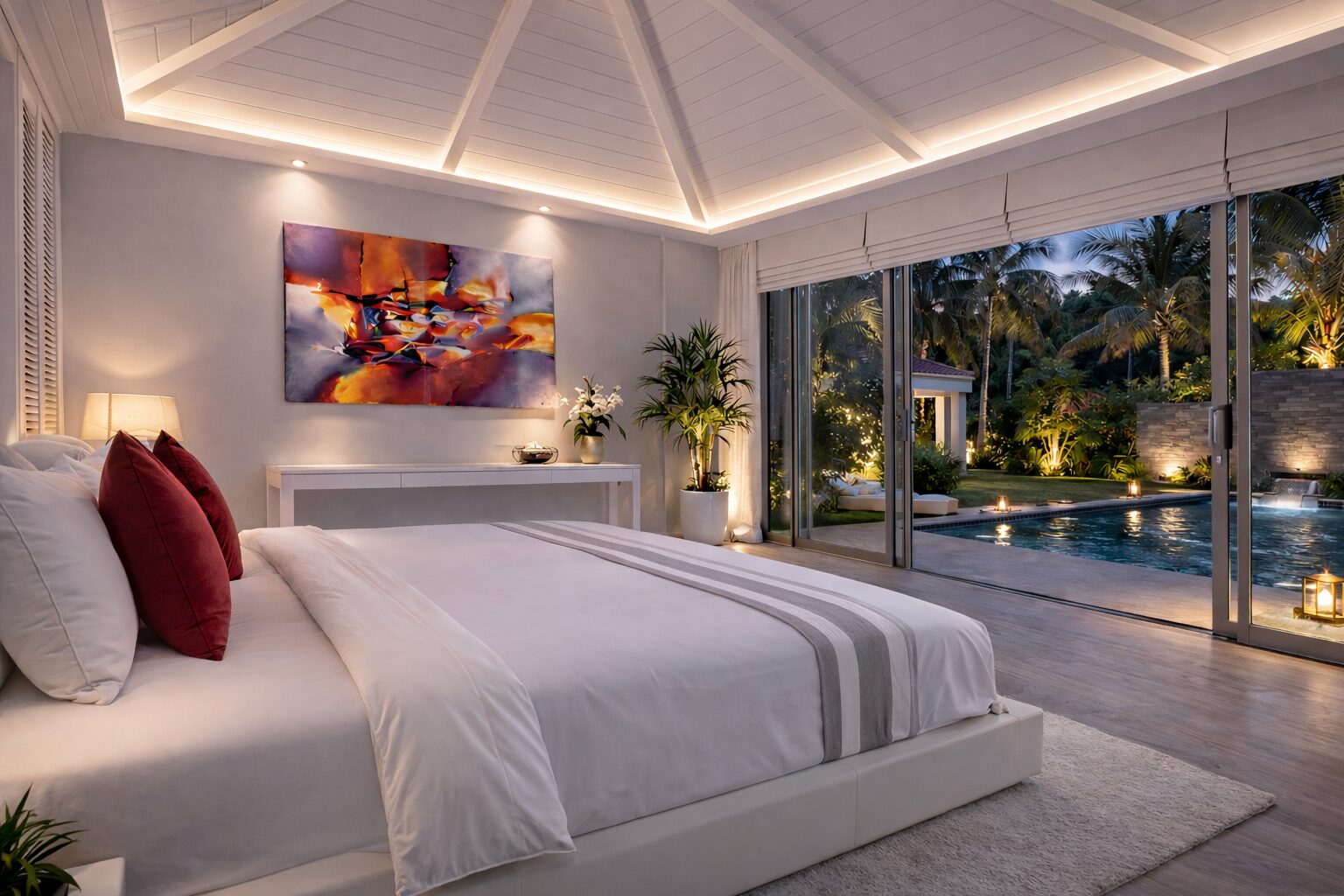 Luxurious white bedroom with a large bed, red throw pillows, abstract wall art, and a console table, opening to a private pool and tropical garden at dusk through glass sliding doors.