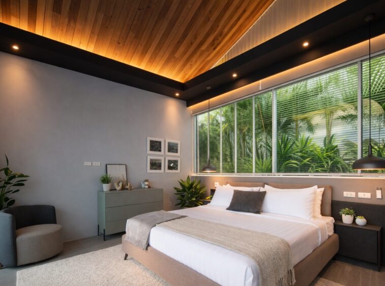 Modern bedroom with a low platform bed, white linens, beige throw, and a large window overlooking greenery.