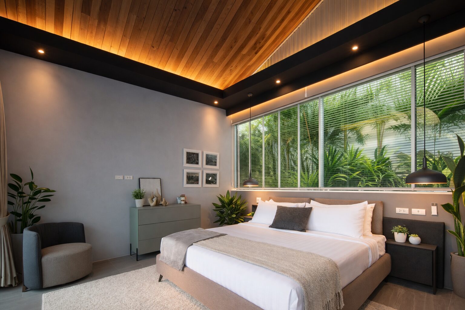 Modern bedroom with a low platform bed, white linens, beige throw, and a large window overlooking greenery.