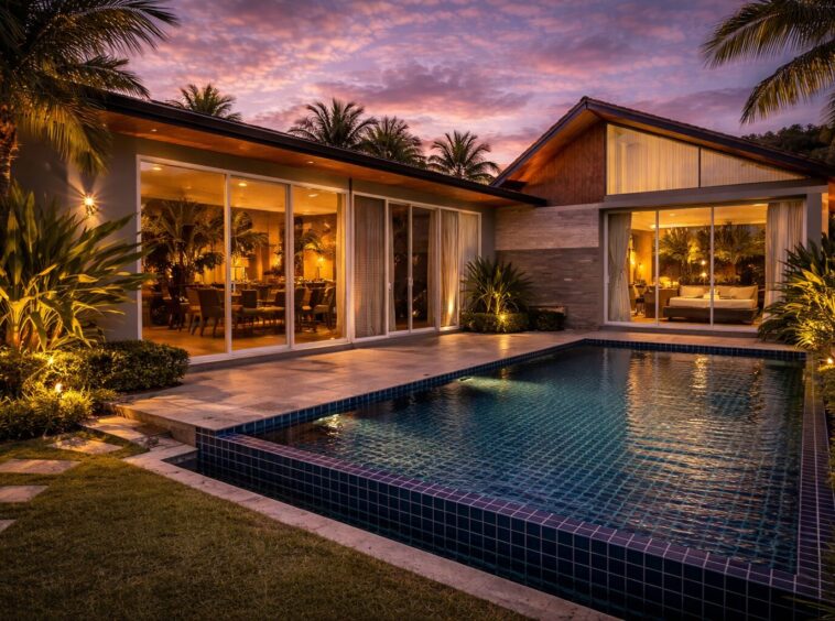 Modern house with glass walls and illuminated interiors beside a turquoise tiled pool at sunset.