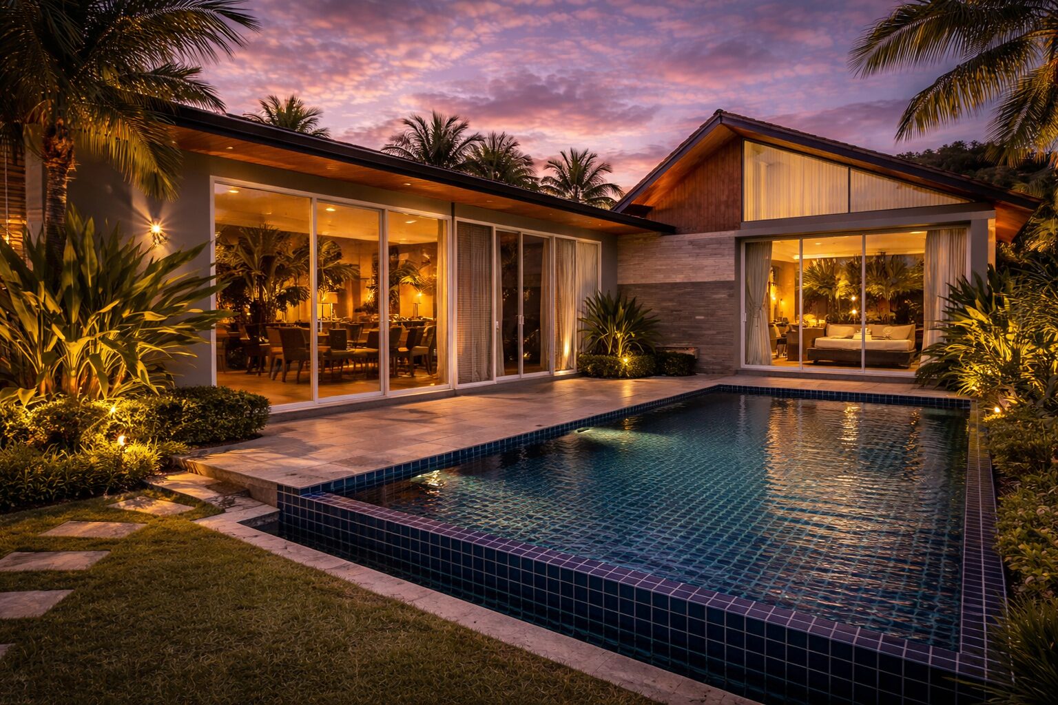 Modern house with glass walls and illuminated interiors beside a turquoise tiled pool at sunset.