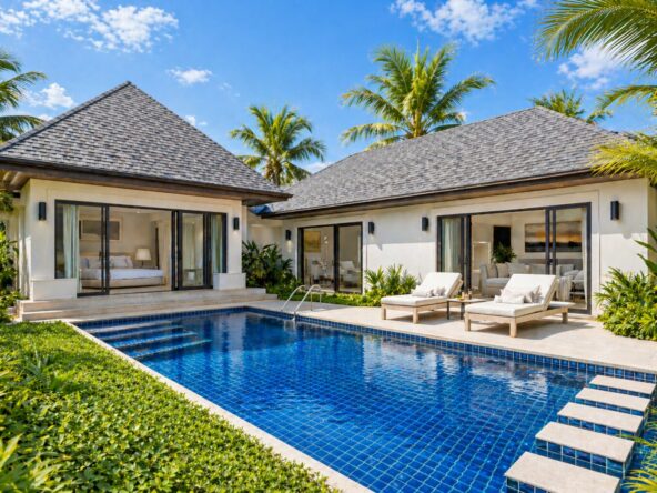 Luxury villa with a blue-tiled pool, two sun loungers, and palm trees in a tropical courtyard.
