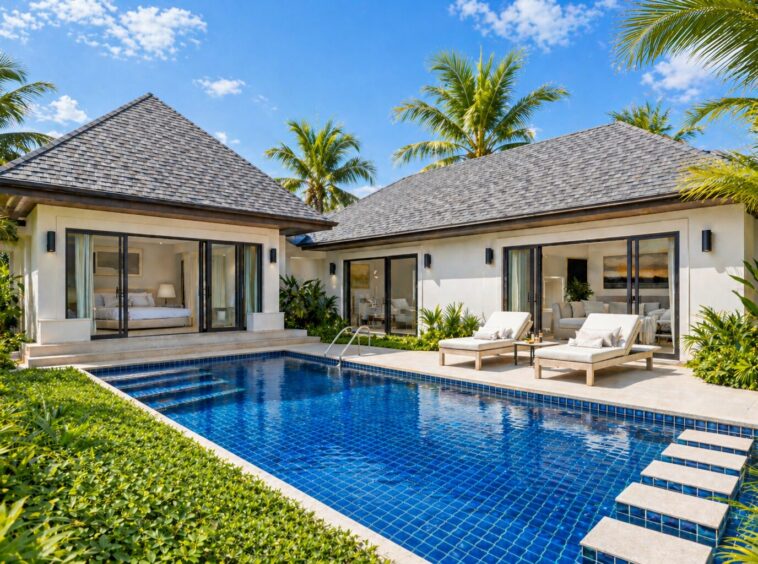 Luxury villa with a blue-tiled pool, two sun loungers, and palm trees in a tropical courtyard.