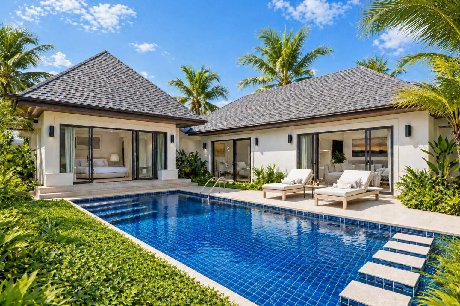 Luxury villa with a blue-tiled pool, two sun loungers, and palm trees in a tropical courtyard.