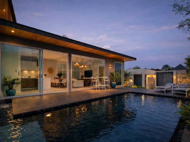 Modern single-story home with large glass doors, a lit interior, and a poolside deck at dusk.