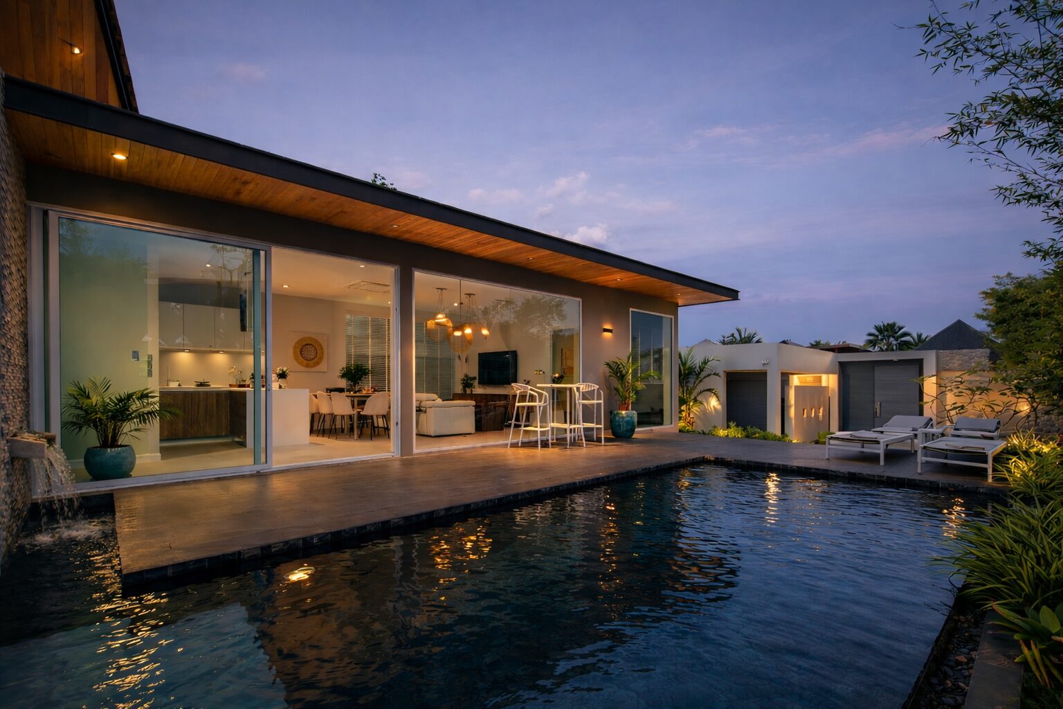 Modern single-story home with large glass doors, a lit interior, and a poolside deck at dusk.
