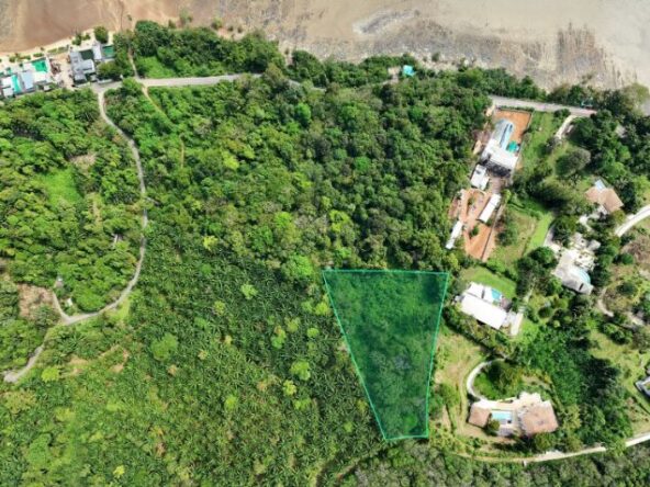 Aerial view of a forested hillside with a triangular land parcel outlined in green among houses and roads.