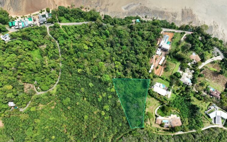 Aerial view of a forested hillside with a triangular land parcel outlined in green among houses and roads.