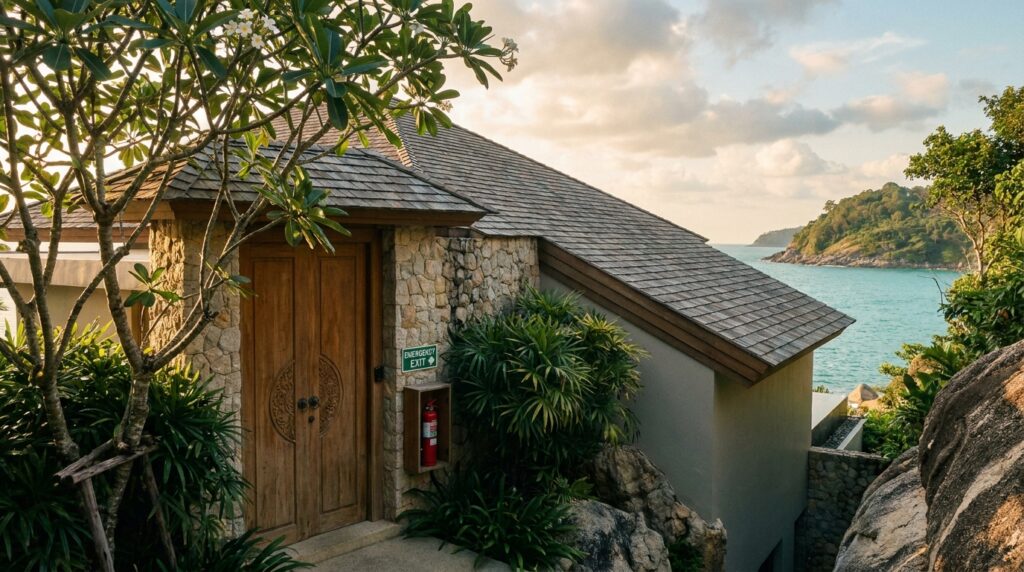 Stone-clad villa with a wooden door, surrounded by tropical plants, set on rocky hillside overlooking the sea.