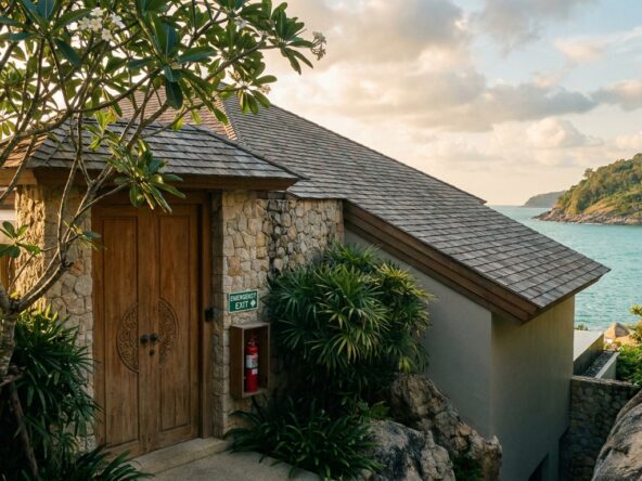 Stone-clad villa with a wooden door, surrounded by tropical plants, set on rocky hillside overlooking the sea.
