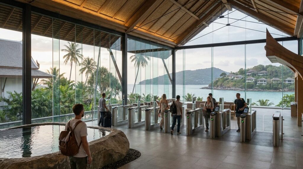 Bright resort lobby with glass walls, turnstiles, and a view of palm trees and a seaside landscape.
