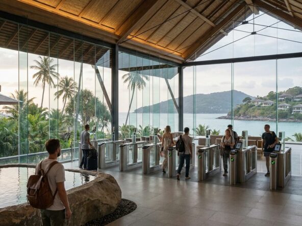 Bright resort lobby with glass walls, turnstiles, and a view of palm trees and a seaside landscape.