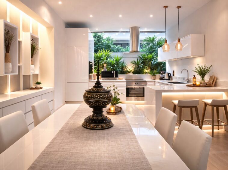 Bright white modern kitchen with a long dining table, decorative black vase centerpiece, and lush green plants by the window.