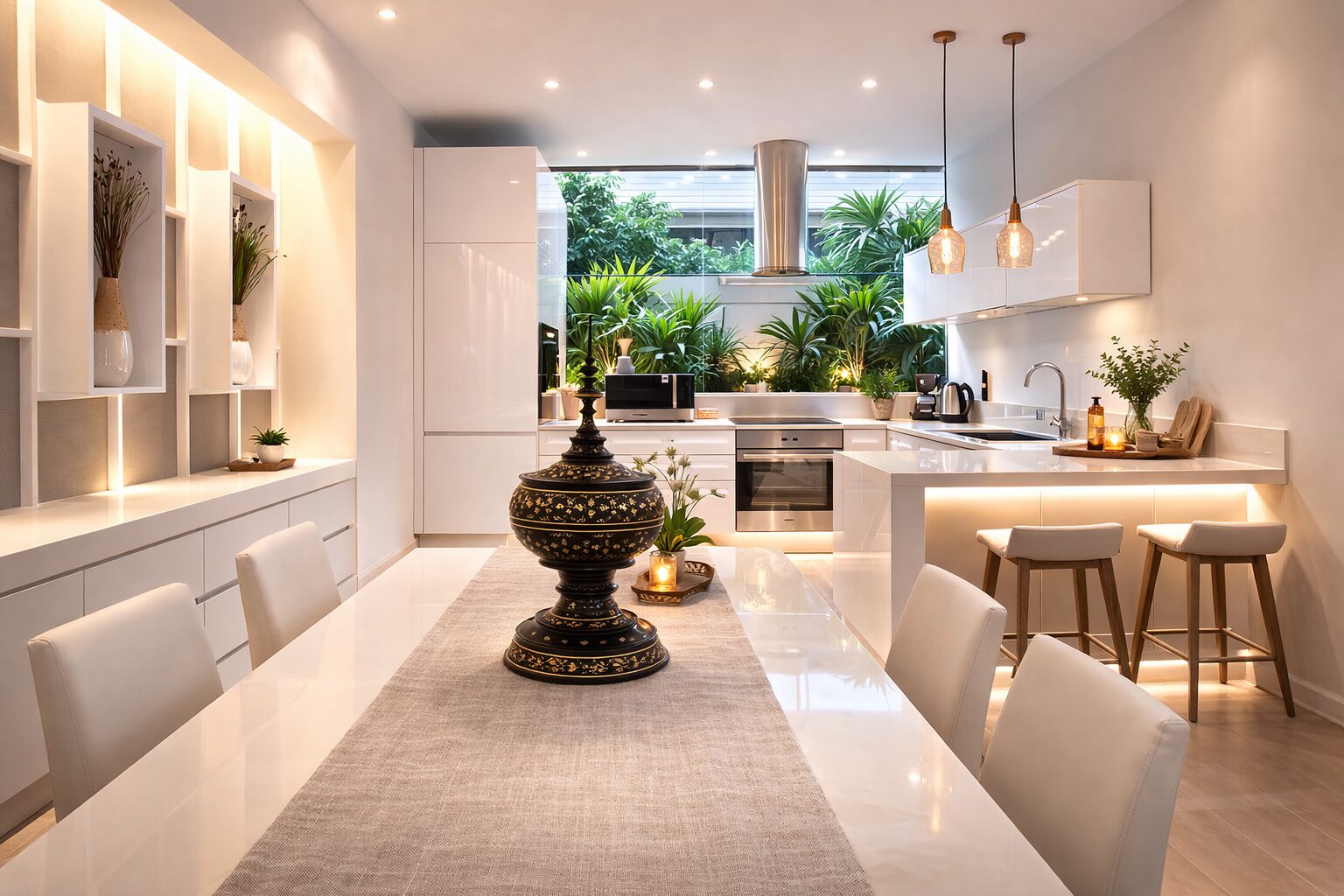 Bright white modern kitchen with a long dining table, decorative black vase centerpiece, and lush green plants by the window.