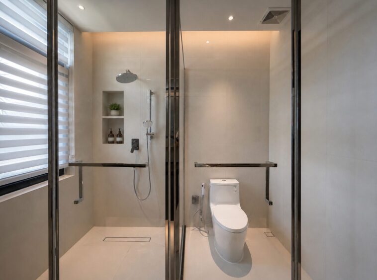 Modern accessible bathroom with a walk-in shower, toilet, grab bars, and a glass partition; neutral-toned tiles and a window with blinds.
