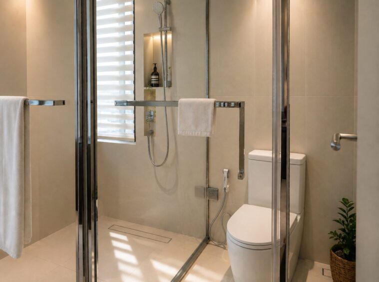 Modern bathroom with a glass-walled shower, white towel on a chrome rack, and a nearby toilet in beige tiling.