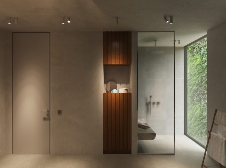 Modern minimalist bathroom with a tall wooden cabinet, glass shower enclosure, and a large window overlooking greenery.